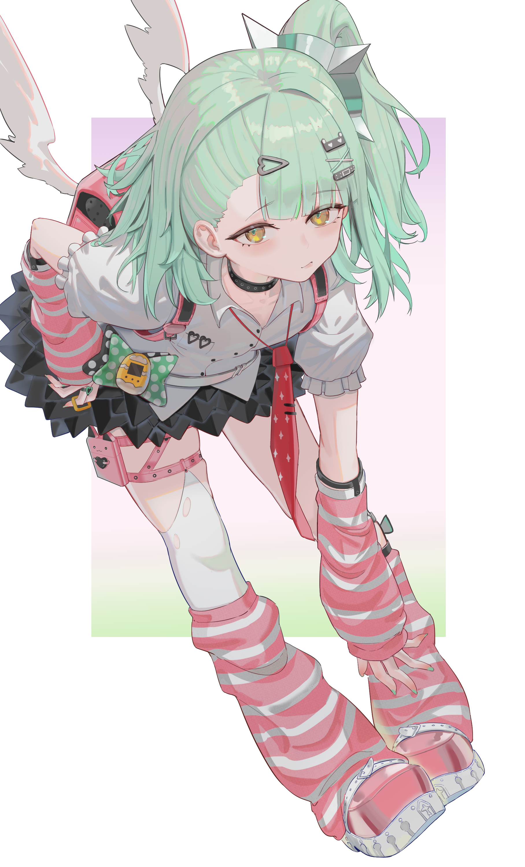 chinatsu remiel, zenless zone zero, absurdres, highres, 1girl, arm warmers, backpack, bag, black skirt, closed mouth, collarbone, dutch angle, flat chest, full body, green hair, hair ornament, hairclip, leaning forward, looking at viewer, loose socks, medium hair, pink bag, pink shoes, pouch, ppop (2212538880), randoseru, shirt, shoes, side ponytail, skirt, socks, solo, standing, studded choker, thigh pouch, thigh strap, white shirt, x hair ornament, yellow eyes