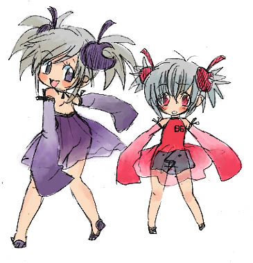 mac os 8.6, apple inc., macintosh, os-tan, lowres, 2girls, back, bare back, bare shoulders, blush, detached sleeves, food-themed hair ornament, grey hair, hair ornament, multiple girls, personification, purple eyes, red eyes, see-through clothes, short hair, twintails