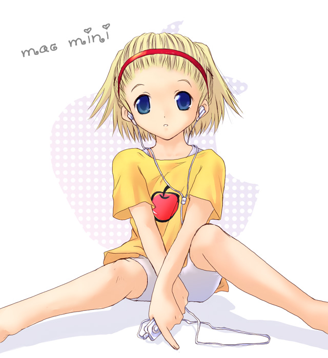 os-tan, 1girl, apple print, blonde hair, blue eyes, digital media player, earbuds, earphones, female focus, food print, fruit print, hairband, ipod, macmini, mascot, solo