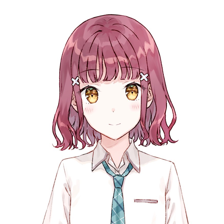 hiten (hitenkei), narasaka maaya, gimai seikatsu, official art, second-party source, 1girl, aqua necktie, closed mouth, collared shirt, hair ornament, looking at viewer, necktie, plaid clothes, plaid necktie, red hair, shirt, short hair, simple background, smile, solo, tachi-e, upper body, white background, white shirt, x hair ornament, yellow eyes