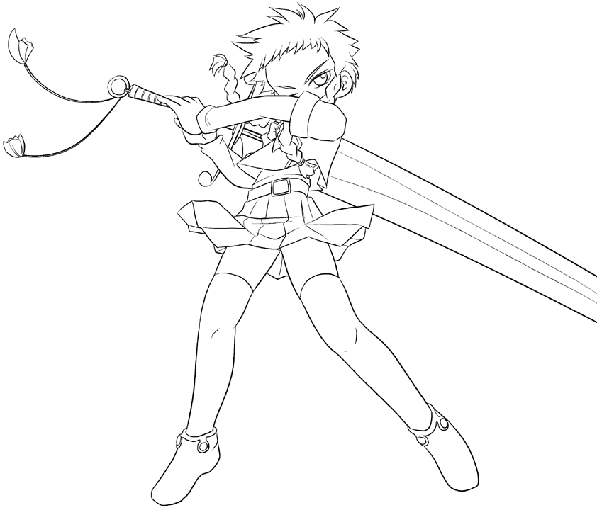 minagi mikoto, my-hime, 00s, 1girl, belt, braid, female focus, full body, greyscale, huge weapon, long hair, monochrome, one eye closed, shoes, simple background, skirt, solo, sword, thighhighs, twin braids, weapon, white background
