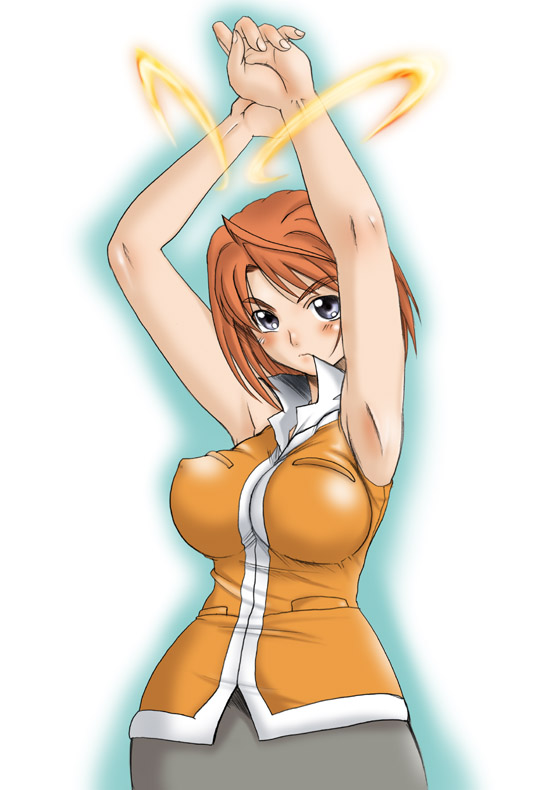tokiha mai, my-hime, 00s, 1girl, armpits, arms up, blush, brown hair, female focus, grey eyes, orange hair, orange shirt, school uniform, serafuku, shirt, skirt, sleeveless, solo