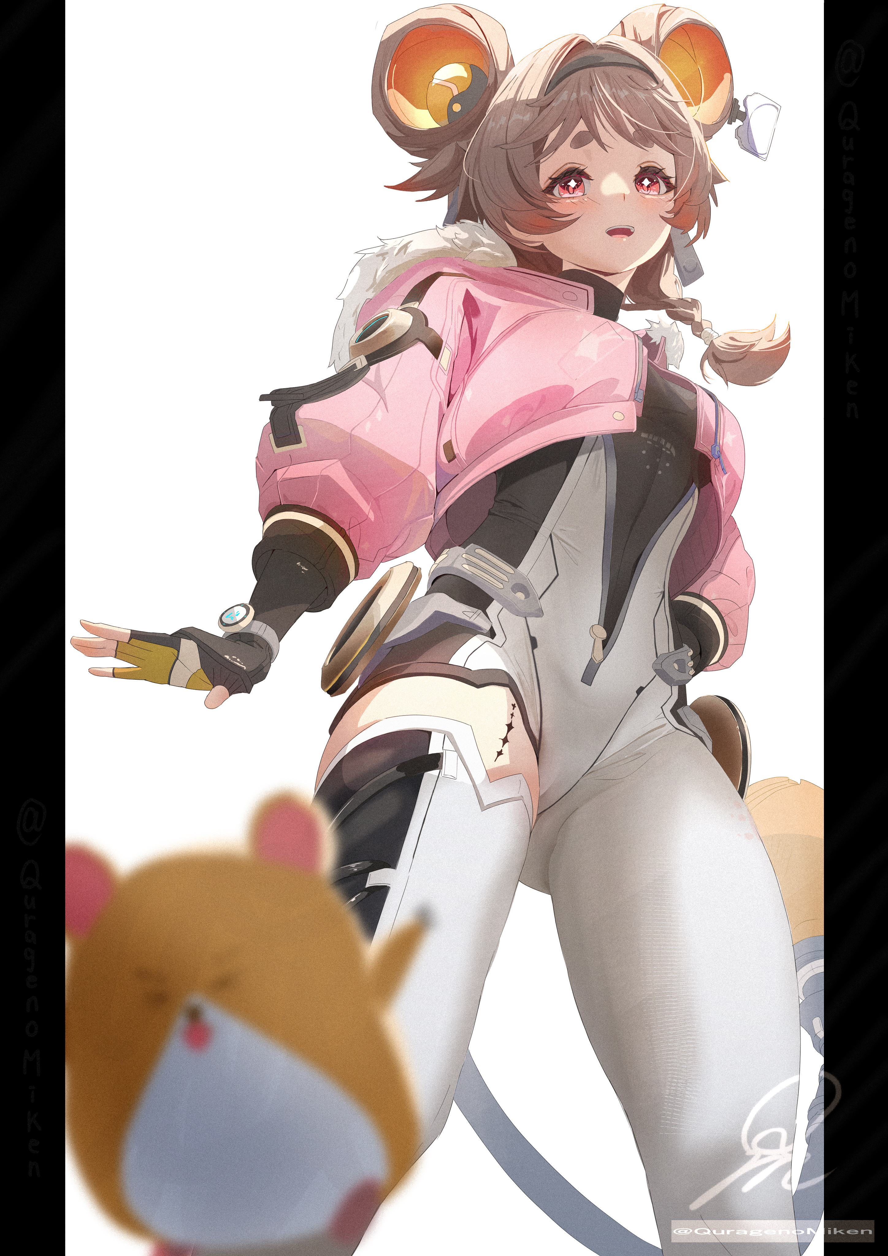 quragenomiken, lumi (wuthering waves), wuthering waves, absurdres, commentary request, highres, 1girl, artist logo, black gloves, black hairband, bodysuit, braid, breasts, brown hair, cowboy shot, fingerless gloves, from below, fur-trimmed jacket, fur trim, gloves, hairband, jacket, large breasts, logo, long hair, looking ahead, open clothes, open jacket, open mouth, pillarboxed, pink jacket, red eyes, single leg bodysuit, smile, solo, tacet mark (wuthering waves), thick eyebrows, thighs, white bodysuit