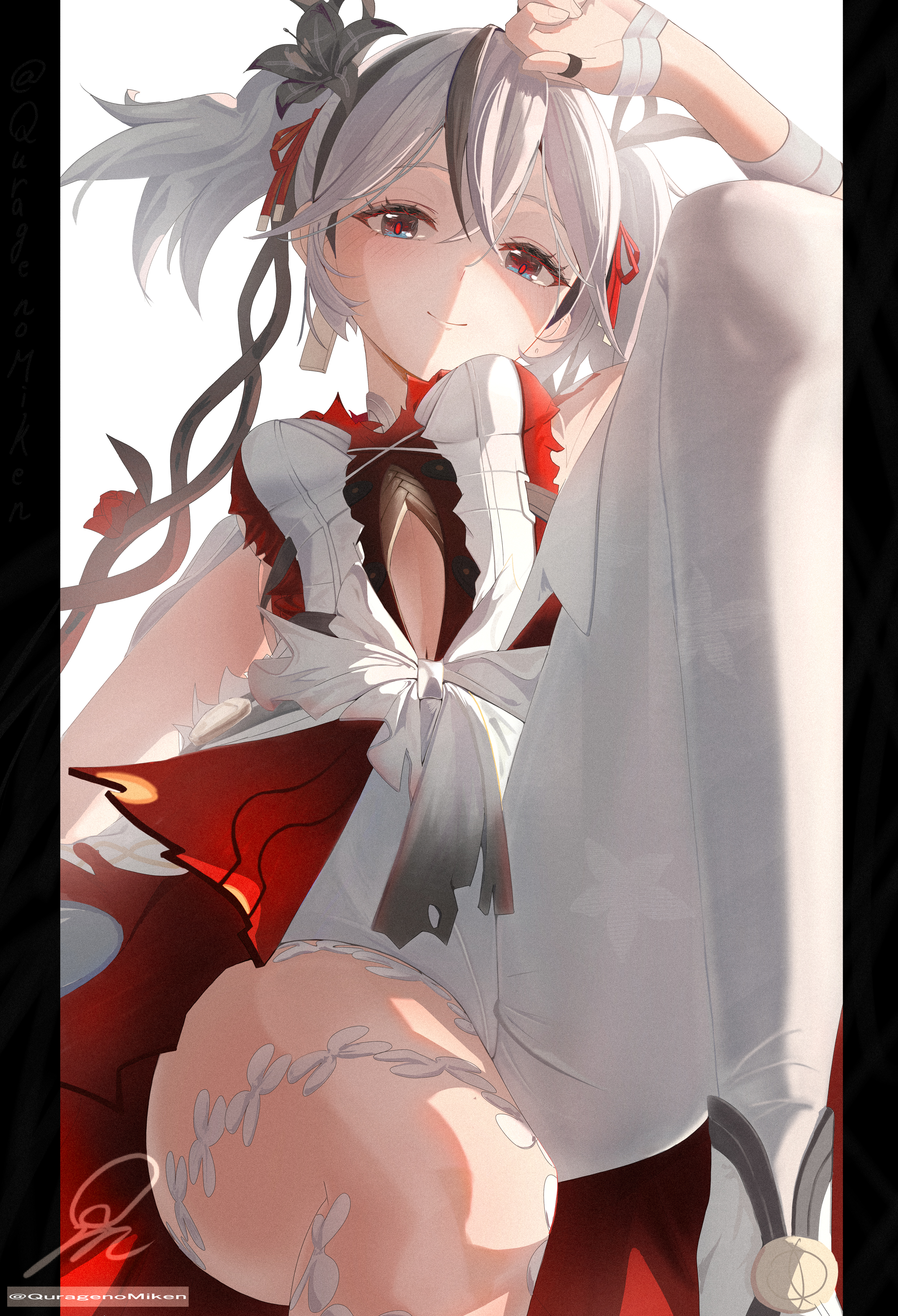 quragenomiken, camellya (wuthering waves), wuthering waves, absurdres, commentary request, highres, 1girl, asymmetrical clothes, black flower, blake bloom (wuthering waves), breasts, clothing cutout, earrings, feet out of frame, flower, gold earrings, hair flower, hair ornament, hair ribbon, jewelry, medium breasts, pants, pillarboxed, red ribbon, ribbon, short hair, signature, simple background, single pantsleg, solo, stomach cutout, white background, white hair, white pants
