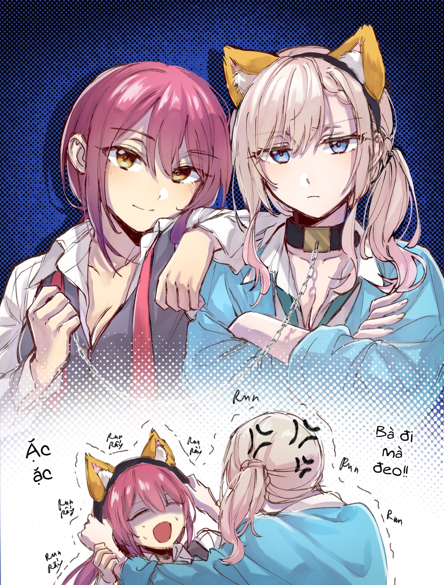 zenma trang, mizutori atori, suzukaze suzu, bad girl (manga), commentary, english commentary, highres, 2girls, animal ears, black vest, blonde hair, blue eyes, blue sweater vest, blush, breasts, chain, chain leash, cleavage, closed eyes, collar, dog ears, fake animal ears, gradient hair, holding, holding leash, leash, long hair, long sleeves, looking at viewer, low ponytail, multicolored hair, multiple girls, necktie, open mouth, ponytail, red hair, shirt, smile, sweater vest, vest, vietnamese text, white shirt, yellow eyes