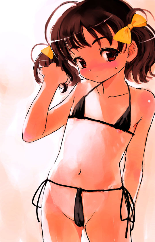 sasahara yuuki, original, 1girl, bare shoulders, bikini, black bikini, blush, bow, cameltoe, female focus, flat chest, hair bow, loli, looking at viewer, micro bikini, navel, nipple slip, nipples, panties, side-tie bikini bottom, side-tie panties, solo, string bikini, swimsuit, twintails, underwear