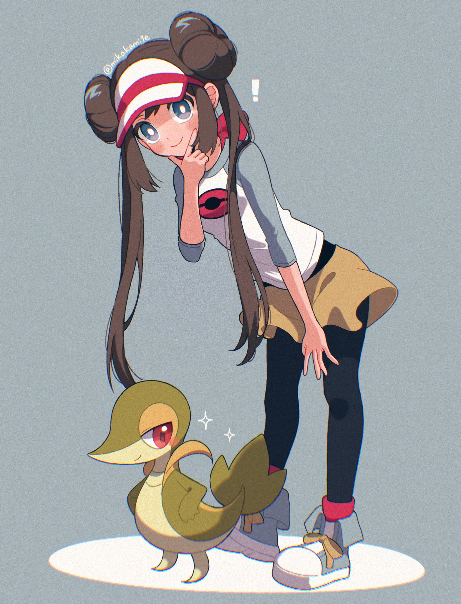 mikakami1e, rosa (pokemon), snivy, nintendo, pokemon, pokemon bw2, highres, 1girl, black pantyhose, blue eyes, blush, breasts, brown hair, closed mouth, donut hair bun, double bun, gen 5 pokemon, hair bun, hat, long hair, looking at viewer, pantyhose, pantyhose under shorts, poke ball print, pokemon (creature), raglan sleeves, red eyes, shirt, shorts, simple background, smile, twintails, visor cap, yellow shorts