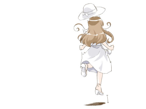 umekichi, toudou shimako, maria-sama ga miteru, lowres, 00s, 1girl, bag, dress, female focus, from behind, handbag, hat, high heels, jumping, long hair, shoes, solo