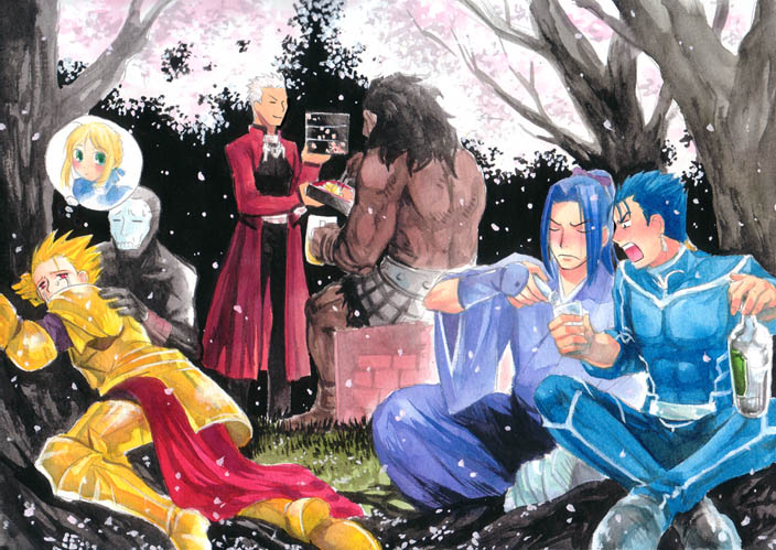 archer (fate), artoria pendragon (fate), cu chulainn (fate), cu chulainn (fate/stay night), hassan of the cursed arm (fate), heracles (fate), saber (fate), sasaki kojirou (fate), fate/stay night, fate (series), silver hair, traditional media, 00s, 6+boys, against tree, alcohol, arm guards, armor, assassin, back, beer, black hair, blonde hair, blue hair, blush, bottle, brick wall, cherry blossoms, chopsticks, closed eyes, coat, comforting, dark-skinned male, dark skin, drinking, drunk, earrings, eating, everyone, faceless, food, full armor, grass, hair intakes, indian style, jewelry, male focus, mask, multiple boys, muscular, outdoors, overcoat, profile, sad, sitting, smile, speech bubble, spiked hair, tears, thinking, thought bubble, topless male, tree