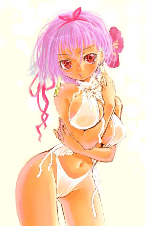 nishida asako, li meifon, angel links, original, 1990s (style), 1girl, arm between breasts, bare shoulders, between breasts, bikini, breasts, curvy, dark-skinned female, dark skin, earrings, female focus, flower, hair flower, hair ornament, hair ribbon, hairband, huge breasts, jewelry, large breasts, lingerie, navel, panties, pink hair, purple hair, red eyes, retro artstyle, ribbon, short hair, side-tie bikini bottom, side-tie panties, solo, swimsuit, underwear, white bikini