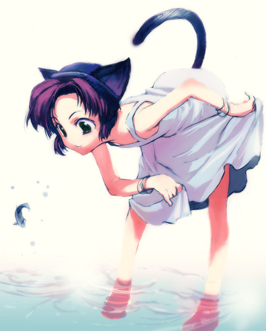original, 1girl, animal ears, barefoot, bent over, bracelet, cat ears, cat girl, cat tail, clothes lift, dress, dress lift, female focus, fish, green eyes, jewelry, purple hair, skirt hold, solo, tail, wading, water