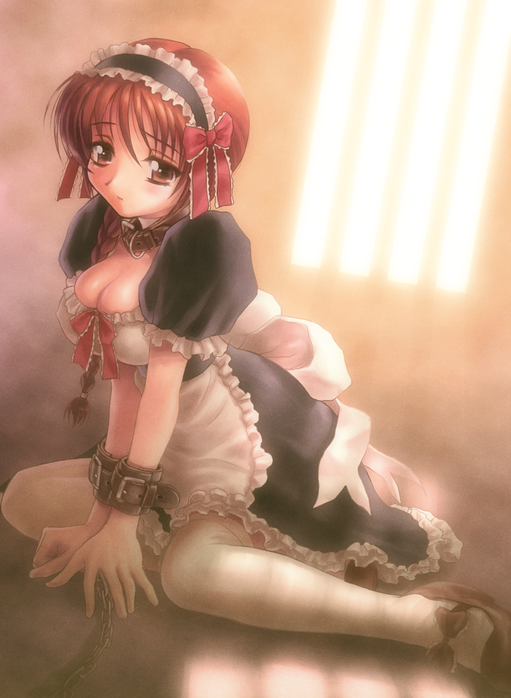 goto p, original, 1girl, bdsm, blush, bondage, bonnet, bound, bow, breasts, brown eyes, brown hair, chain, cleavage, collar, cuffs, female focus, large breasts, maid, maid headdress, ribbon, short hair, sitting, slave, solo, thighhighs, white thighhighs, yokozuwari