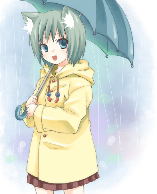 kubyou azami, original, 1girl, :d, animal ear fluff, animal ears, blue eyes, cat ears, cat girl, fang, female focus, green hair, looking at viewer, open mouth, rain, short hair, smile, solo, umbrella