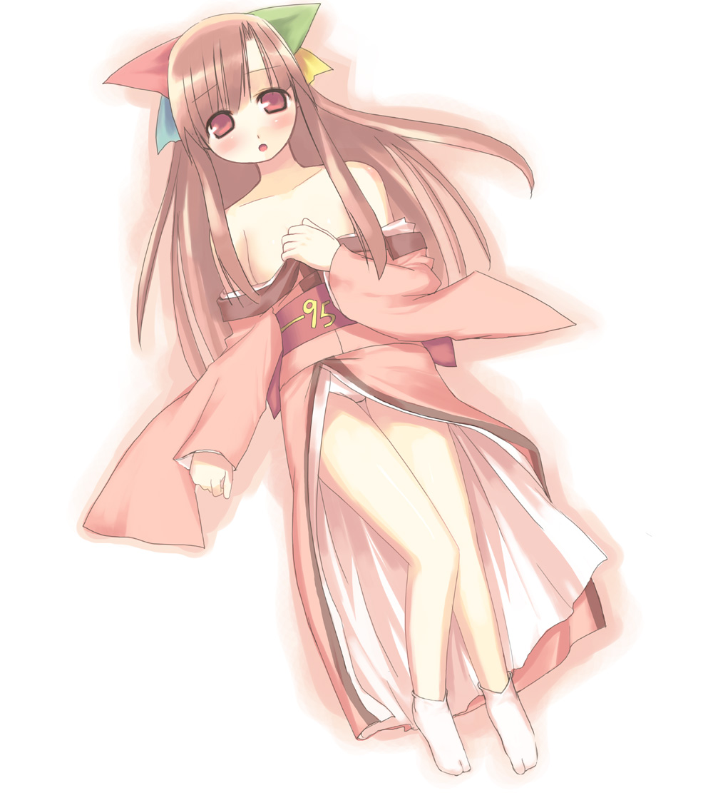 kashiwamochi yomogi, 95-tan, os-tan, 1girl, :o, blush, bow, brown hair, female focus, flat chest, hair bow, japanese clothes, kimono, large bow, long hair, looking at viewer, lying, no bra, obi, off shoulder, on back, open mouth, panties, pink eyes, sash, socks, solo, thigh gap, thighs, underwear, white panties