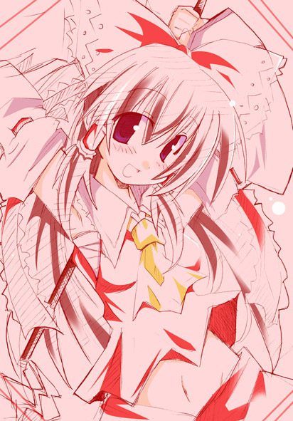 shirogane (platinum), hakurei reimu, touhou, 1girl, arms up, bow, detached sleeves, female focus, navel, open mouth, red theme, ribbon, sketch, solo