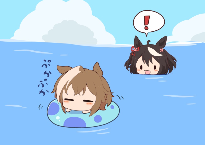 gomashio (goma feet), cheval grand (umamusume), kitasan black (umamusume), umamusume, translation request, !, 2girls, :d, ahoge, black hair, blue sky, blush stickers, brown hair, chibi, closed eyes, cloud, day, hair between eyes, horizon, innertube, multicolored hair, multiple girls, ocean, open mouth, outdoors, partially submerged, sky, smile, spoken exclamation mark, streaked hair, swim ring, two side up, water, white hair, | |