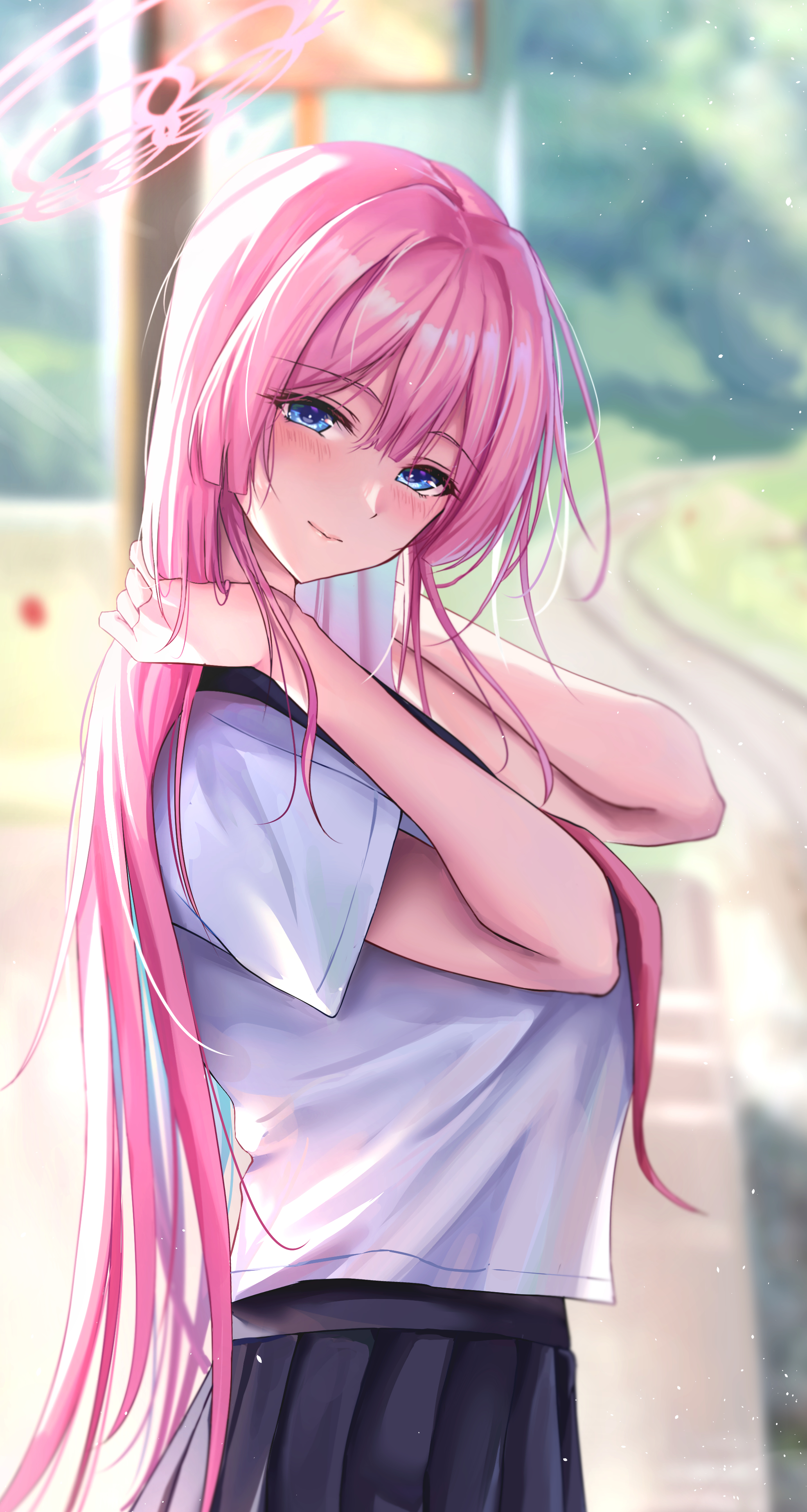 kimchi (user mpzz8457), mimori (blue archive), blue archive, absurdres, highres, 1girl, alternate costume, black skirt, blue eyes, blush, closed mouth, from side, hair between eyes, long hair, neckerchief, pink hair, pink neckerchief, pleated skirt, shirt, short sleeves, sidelocks, skirt, smile, solo, white shirt