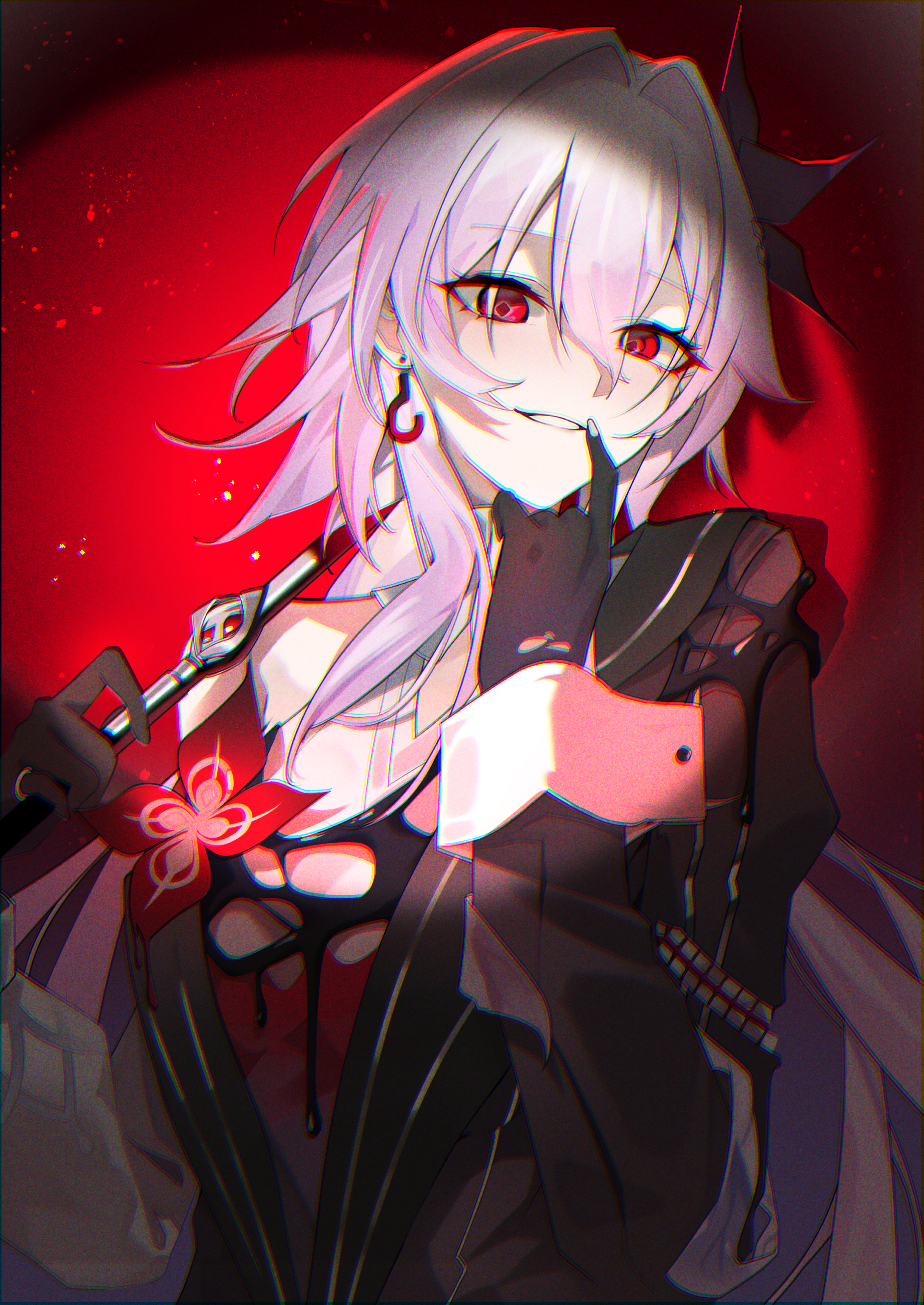 leo795, evernight (honkai: star rail), march 7th (honkai: star rail), honkai: star rail, honkai (series), absurdres, commentary, highres, 1girl, asymmetrical clothes, black flower, black gloves, breasts, chromatic aberration, evil smile, finger to mouth, flower, gloves, hair between eyes, hair flower, hair intakes, hair ornament, hand up, heavy chromatic aberration, holding, holding umbrella, long hair, looking at viewer, medium breasts, parted lips, pink hair, red eyes, red umbrella, single bare shoulder, smile, solo, umbrella, upper body, very long hair