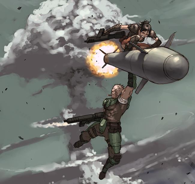 junny, bill rizer, lucia (contra), contra, contra: shattered soldier, konami, shattered soldier, shin contra, jpeg artifacts, 1boy, 1girl, abs, android, angry, armor, assault rifle, ballistic missile, bomb, boots, cigar, clenched teeth, epic, explosion, explosive, flying, game console, gun, hanging, looking back, manly, missile, muscular, mushroom cloud, nuclear explosion, nuclear missile, nuclear weapon, playstation 2, ponytail, radiation symbol, riding, rifle, rocket, science fiction, smoke, smoking, teeth, weapon, weapon of mass destruction