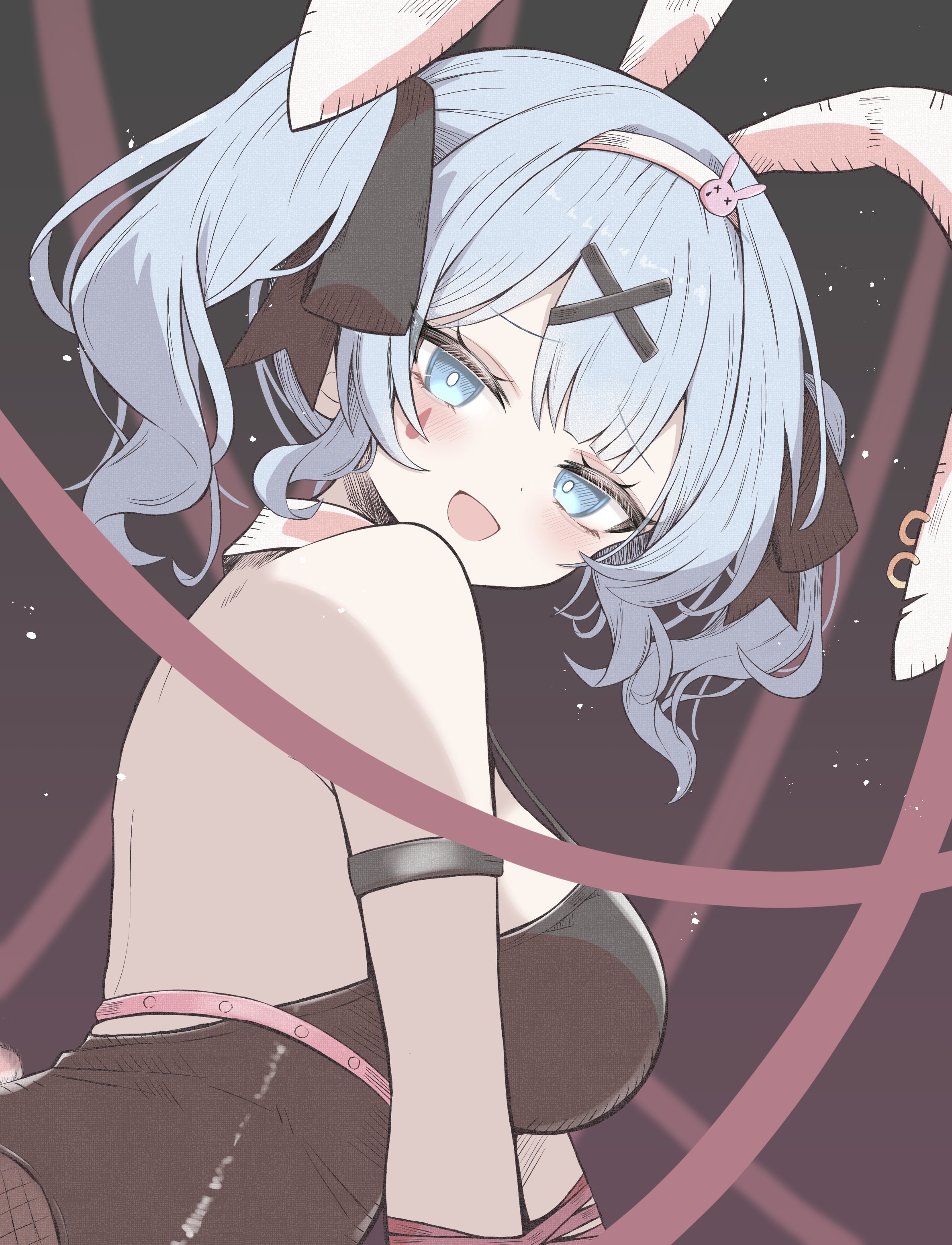 mamiro, hatsune miku, rabbit hole (vocaloid), absurdres, highres, 1girl, animal ear hairband, animal ears, back, bare shoulders, black leotard, blue eyes, blue hair, bound, breasts, detached collar, fake animal ears, hair ornament, hairband, half-closed eyes, leotard, looking at viewer, open mouth, playboy bunny, rabbit ear hairband, rabbit ears, red ribbon, ribbon, short hair, simple background, smile, solo, strapless, strapless leotard, teardrop facial mark, tied up (nonsexual), twintails, white hairband, x hair ornament
