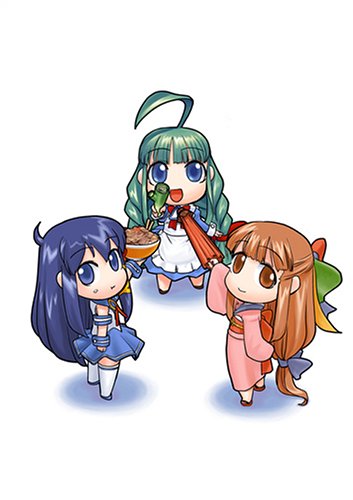 95-tan, me-tan, xp-tan, os-tan, lowres, 3girls, amazonsample, blue eyes, blue hair, braid, brown eyes, brown hair, chibi, chibi only, green hair, half updo, japanese clothes, multiple girls, twin braids