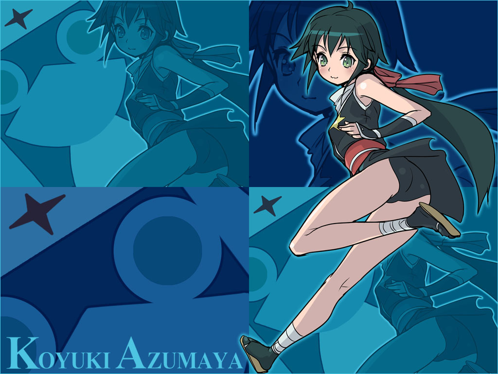 azumaya koyuki, keroro gunsou, 1girl, :3, blue background, character name, cosplay, female focus, gloves, green eyes, green hair, hair ribbon, long hair, looking back, low ponytail, matching hair/eyes, ninja, panties, ponytail, ribbon, running, sandals, socks, solo, tabi, underwear, zoom layer, zouri