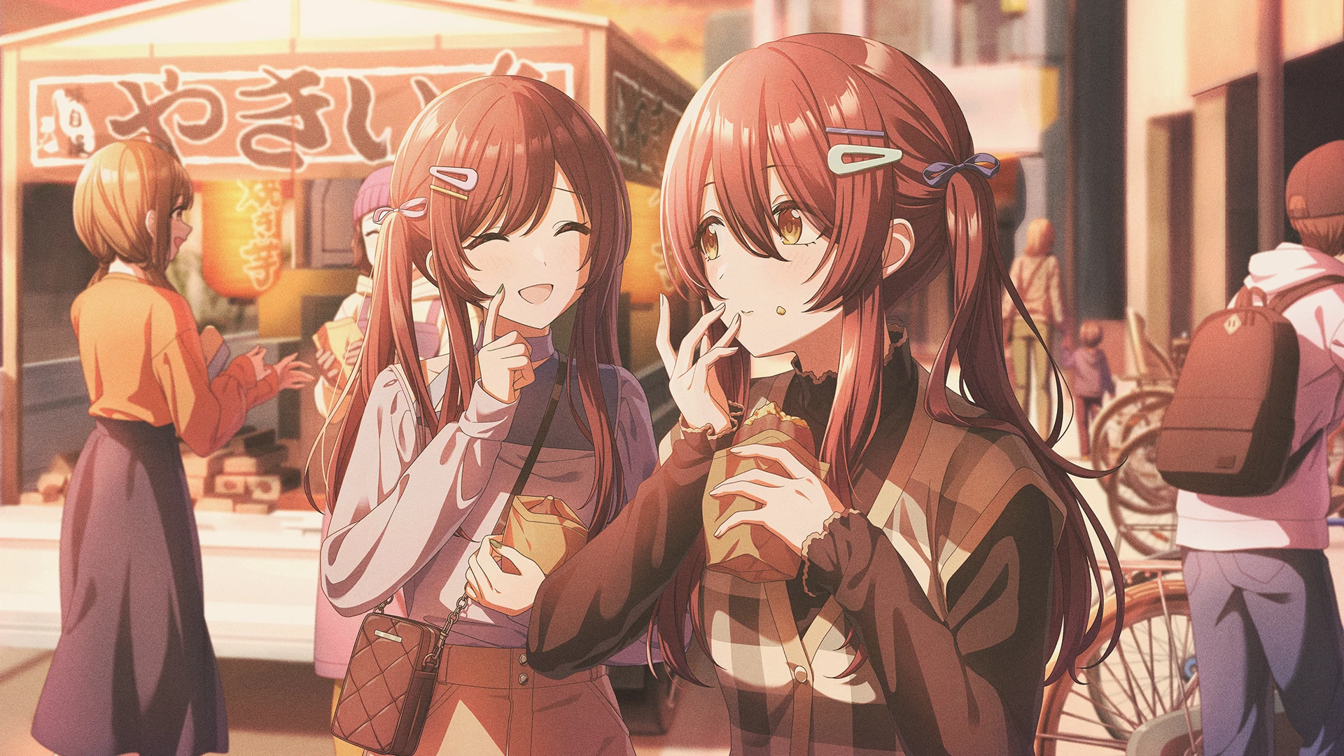 osaki amana, osaki tenka, idolmaster shiny colors, idolmaster shiny colors song for prism, game cg, official art, backpack, bag, bicycle, buttons, closed eyes, food, food on face, hair ornament, hairclip, handbag, hat, holding, japanese text, long skirt, open mouth, red hair, side ponytail, skirt, yellow eyes