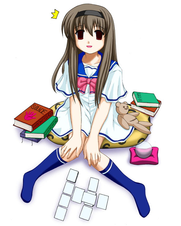 buchou, mahoraba, 00s, 1girl, ^^^, blue socks, book, bow, brown hair, card, crystal ball, cushion, empty eyes, female focus, hairband, kneehighs, long hair, looking at viewer, open mouth, pink bow, school uniform, sitting, socks, solo, stuffed toy