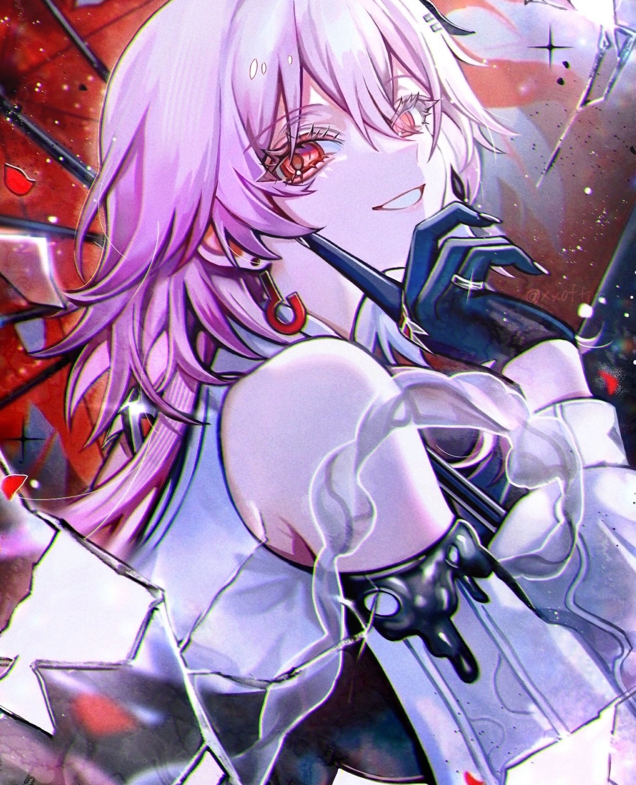 diandao qin, evernight (honkai: star rail), march 7th (honkai: star rail), honkai: star rail, honkai (series), bilingual commentary, commentary, english commentary, highres, mixed-language commentary, 1girl, bare shoulders, black gloves, breasts, clothing cutout, earrings, from side, glass shards, gloves, hand up, index finger raised, jewelry, long hair, long sleeves, looking at viewer, looking to the side, medium breasts, parted lips, red eyes, red umbrella, shoulder cutout, smile, solo, umbrella, upper body