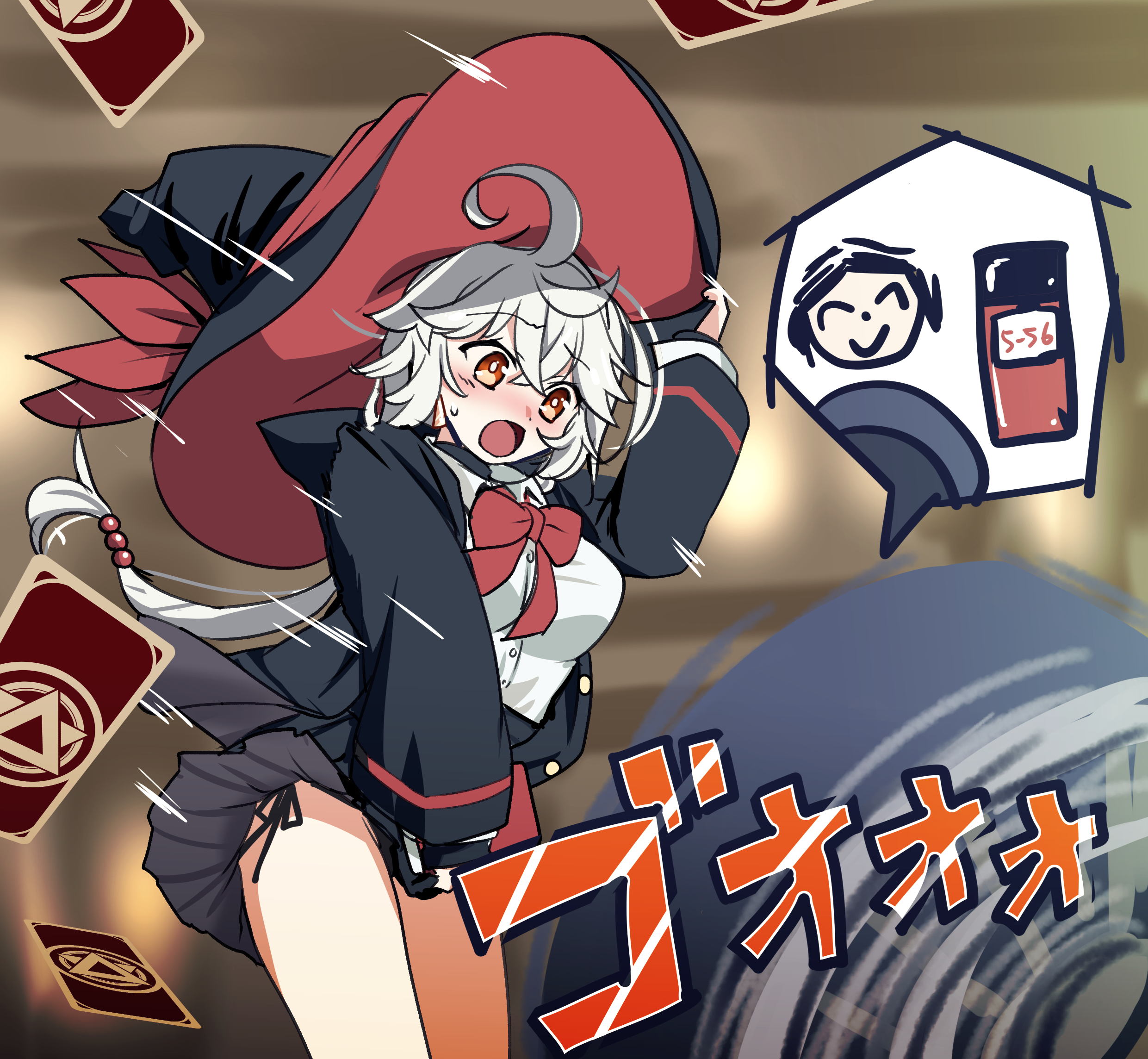 kimura shuuichi, doodle sensei (blue archive), eri (blue archive), sensei (blue archive), blue archive, commentary request, highres, 1boy, 1girl, arm up, black hat, black jacket, black panties, black skirt, blurry, blurry background, blush, breasts, card, clothes lift, collared shirt, covering crotch, covering privates, depth of field, dress shirt, electric fan, grey hair, hair between eyes, hand on headwear, hat, hood, hood down, hooded jacket, jacket, long hair, long sleeves, medium breasts, open clothes, open jacket, open mouth, panties, pleated skirt, red eyes, shirt, side-tie panties, skirt, skirt lift, small sweatdrop, sweat, underwear, very long hair, white shirt, witch hat
