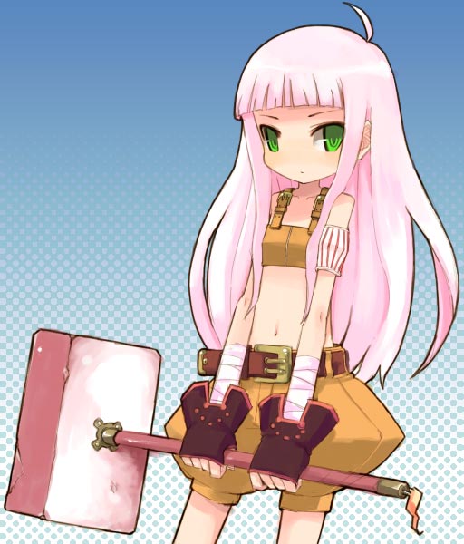mota, original, 1girl, ahoge, bandages, female focus, fingerless gloves, gloves, green eyes, hammer, long hair, looking at viewer, midriff, navel, pink hair, puffy pants, puffy shorts, red hair, shorts, solo, weapon