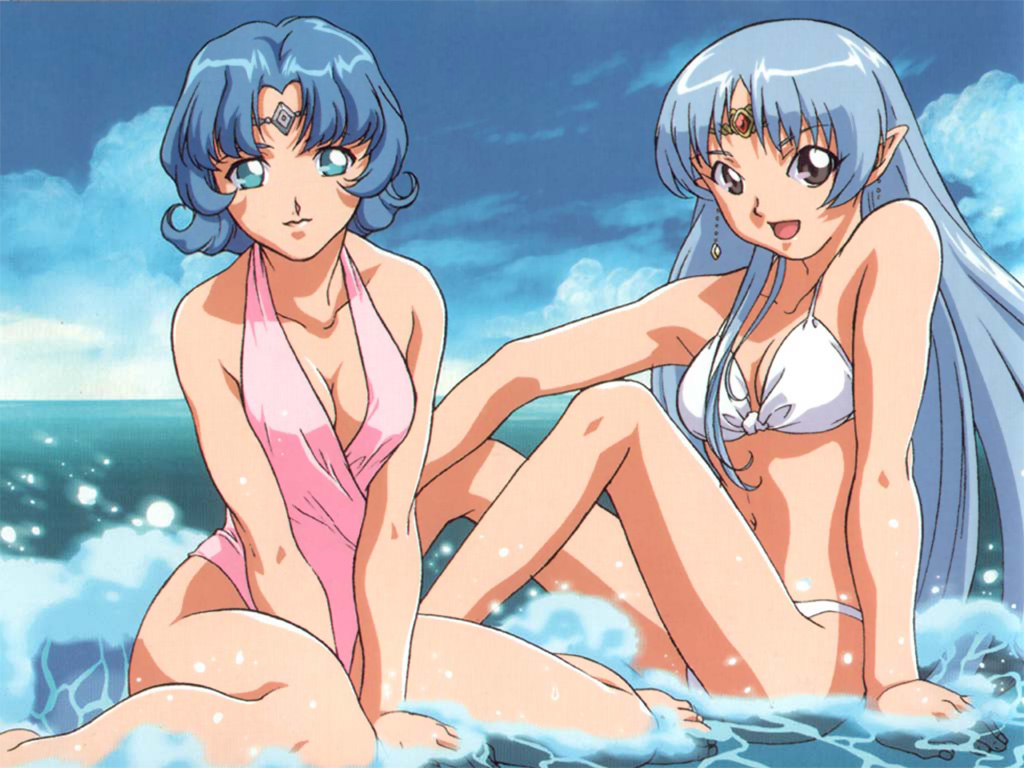 ekuryua, lafiel, seikai no senki, 2girls, :d, between thighs, bikini, blue eyes, blue hair, breasts, brown eyes, casual one-piece swimsuit, circlet, cleavage, cloud, day, earrings, eyebrows hidden by hair, halterneck, jewelry, legs, long hair, medium breasts, multiple girls, ocean, one-piece swimsuit, open mouth, outdoors, pointy ears, sea spray, short hair, sitting, sky, smile, string bikini, submerged, swimsuit, thighs, v arms, very long hair, wading, wariza, water, waves, wet, white bikini
