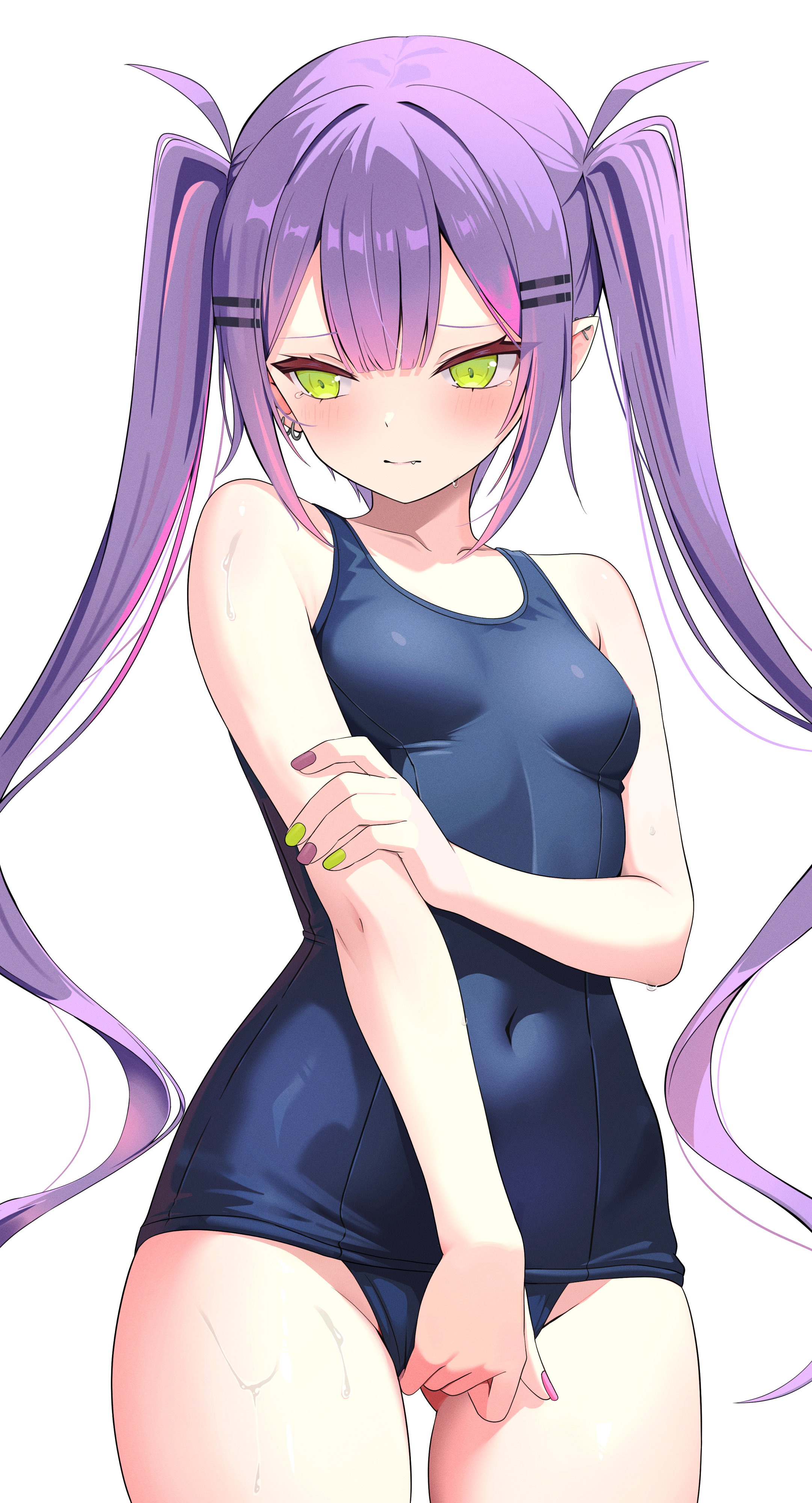 nekonosuke, tokoyami towa, hololive, absurdres, highres, paid reward available, 1girl, alternate costume, averting eyes, barbell piercing, blue one-piece swimsuit, breasts, center-flap bangs, closed mouth, colored inner hair, covered navel, cowboy shot, double-parted bangs, ear piercing, earrings, fang, gluteal fold, gradient hair, green eyes, green nails, hair ornament, hairclip, holding own arm, industrial piercing, jewelry, long hair, multicolored hair, nail polish, one-piece swimsuit, parallel hairclips, piercing, pink hair, pointy ears, purple hair, purple nails, school swimsuit, sidelocks, simple background, small breasts, solo, streaked hair, swimsuit, tearing up, twintails, very long hair, virtual youtuber, white background