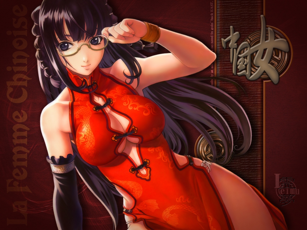 eiwa, original, 1girl, bare shoulders, black hair, blue eyes, breasts, china dress, chinese clothes, cleavage, cleavage cutout, clothing cutout, dress, female focus, glasses, long hair, smile, solo