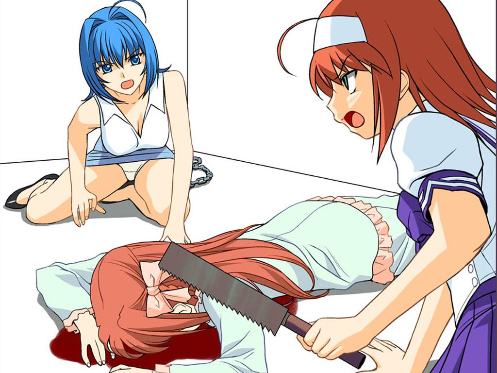 a1 (initial-g), hayase mitsuki, suzumiya akane, suzumiya haruka, kimi ga nozomu eien, saw (movie), jpeg artifacts, 3girls, ahoge, angry, blood, blue eyes, blue hair, breasts, hair intakes, japanese saw, large breasts, long hair, multiple girls, murder, panties, pantyshot, parody, pleated skirt, pool of blood, saw, school uniform, serafuku, skirt, underwear, white panties