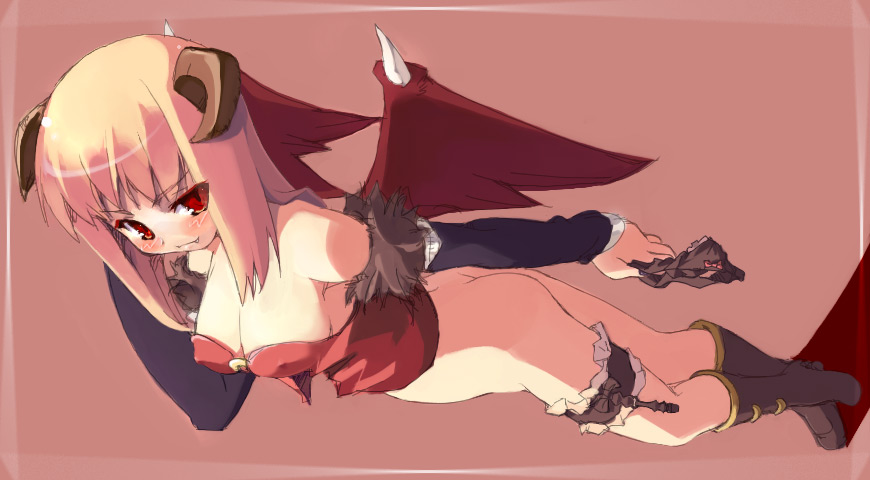 amasa mitsunaru, succubus (ragnarok online), ragnarok online, 1girl, bat wings, blonde hair, blush, boots, bow, bow panties, breasts, covered erect nipples, demon girl, fang, female focus, frilled thigh strap, gloves, holding, holding panties, holding underwear, holding unworn clothes, horns, large breasts, no panties, panties, red eyes, solo, thigh strap, underwear, unworn panties, wings