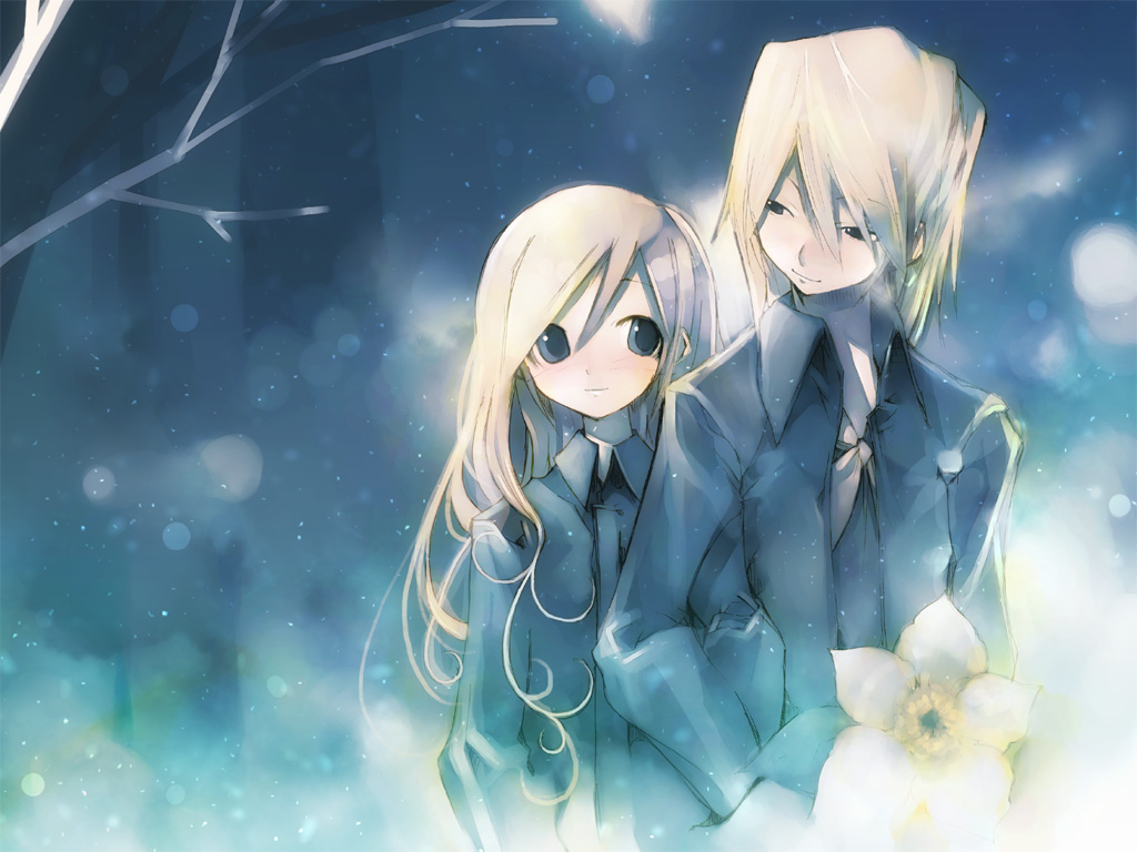 kei (keigarou), satou sei, toudou shimako, maria-sama ga miteru, 00s, 2girls, androgynous, bare tree, blonde hair, blue eyes, blue theme, coat, couple, eye contact, flower, hand in pocket, long hair, looking at another, multiple girls, school uniform, serafuku, short hair, smile, snow, snowing, tree, winter