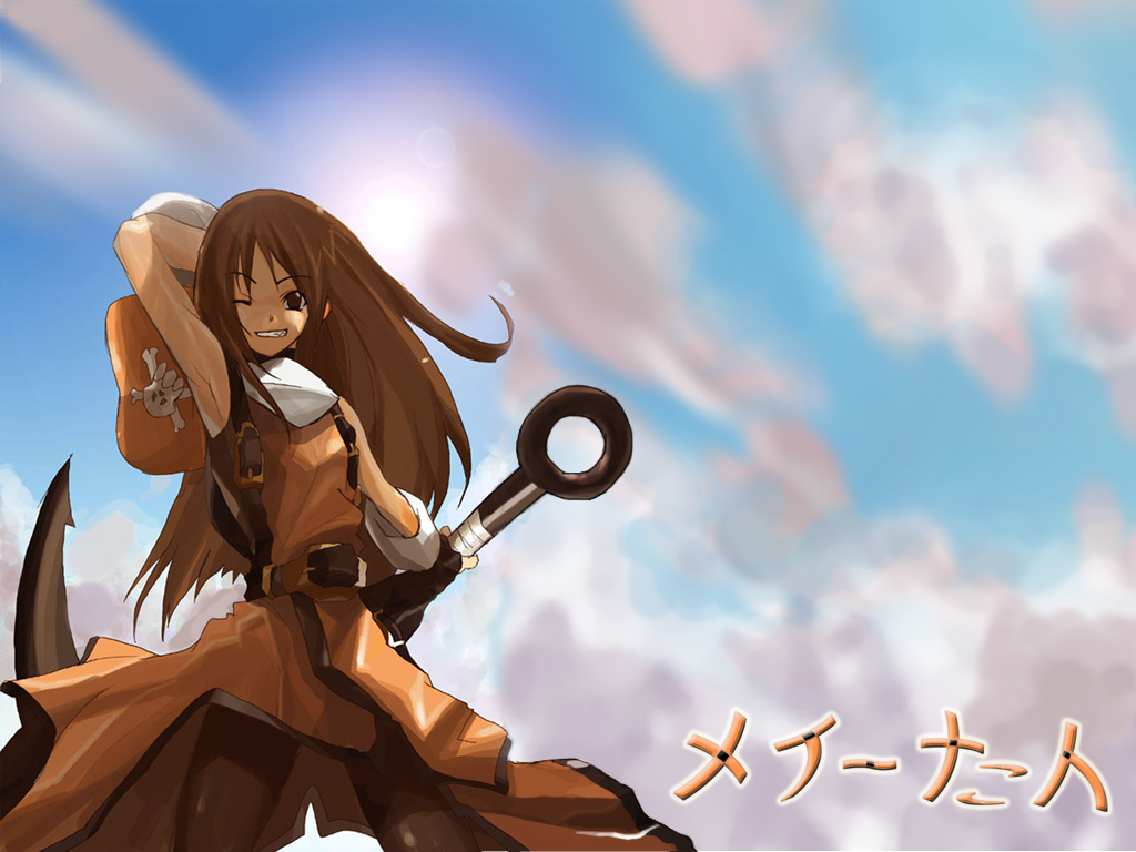 shihira tatsuya, may (guilty gear), arc system works, guilty gear, guilty gear x, guilty gear xx, 1girl, anchor, arm behind head, armpits, brown eyes, brown hair, cloud, day, female focus, grin, hat, long hair, orange shirt, pirate, shirt, skull and crossbones, sky, smile, solo