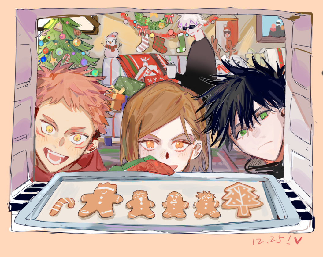 qyzhiaiyisheng, fushiguro megumi, gojou satoru, itadori yuuji, kugisaki nobara, jujutsu kaisen, 1girl, 3boys, :d, baking, baking sheet, black hair, brown hair, christmas ornaments, christmas stocking, christmas tree, christmas wreath, closed mouth, cookie, facial mark, food, gift, green eyes, high collar, holding, indoors, multiple boys, open mouth, orange eyes, oven, oven mitts, pink hair, short hair, smile, snowman, spiked hair, swept bangs, undercut, white hair, wreath, yellow eyes