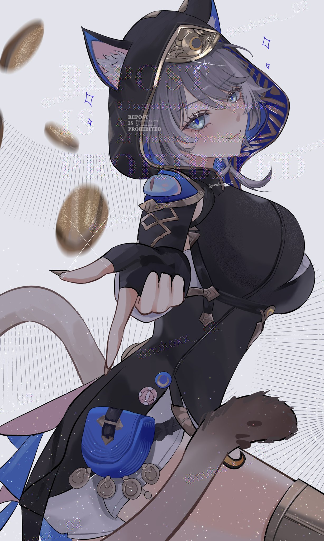 nukoxx 02, cipher (honkai: star rail), honkai: star rail, honkai (series), highres, 1girl, animal ears, animal hood, black gloves, black leotard, blue eyes, breasts, cat ears, cat girl, cat hood, cat tail, coin, fingerless gloves, gloves, gold coin, grey hair, hood, hooded leotard, large breasts, leotard, short hair with long locks, shorts, solo, tail, thighs, white shorts