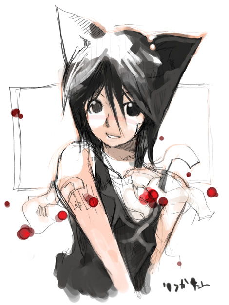 kei (keigarou), 1girl, animal ears, bare shoulders, black eyes, black hair, cat ears, female focus, looking at viewer, simple background, sketch, solo