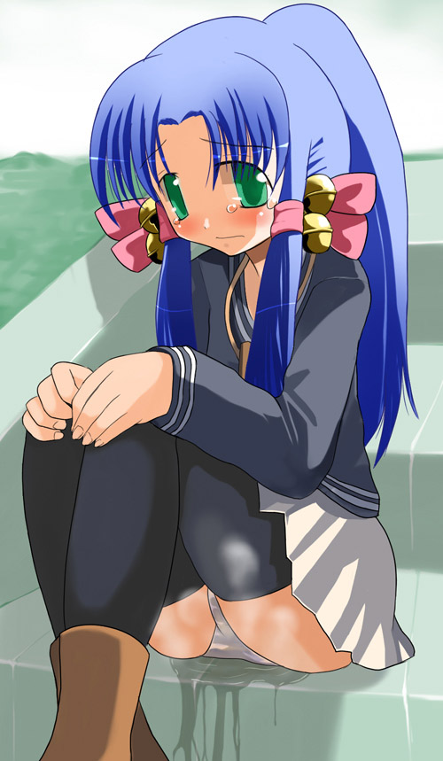 akasaka saki, aoba kozue, mahoraba, 00s, 1girl, bell, black thighhighs, blue hair, blush, boots, bow, cardigan, female focus, green eyes, hair bow, hair ribbon, hairdressing, high ponytail, miniskirt, panties, pantyshot, pee, peeing, peeing self, pink bow, ponytail, purposeful wetting, ribbon, school uniform, serafuku, sidelocks, sitting, skirt, solo, tears, thighhighs, tress ribbon, underwear, wet, wet clothes, wet panties, white panties