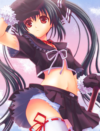 kooh (pangya), pangya, lowres, 1girl, black hair, blue panties, brown eyes, female focus, gloves, hair ribbon, midriff, miniskirt, navel, panties, pantyshot, pleated skirt, ribbon, school uniform, serafuku, skirt, solo, standing, striped clothes, striped panties, thighhighs, twintails, underwear, white thighhighs, zettai ryouiki