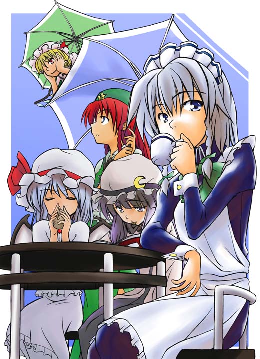 hikawa shou, flandre scarlet, hong meiling, izayoi sakuya, patchouli knowledge, remilia scarlet, embodiment of scarlet devil, touhou, silver hair, 5girls, apron, ascot, bat wings, blonde hair, blue eyes, blue hair, book, bow, braid, chair, china dress, chinese clothes, closed eyes, collared shirt, crescent, dress, elbow rest, female focus, hair bow, hat, hat bow, long hair, long sleeves, maid, maid apron, maid headdress, mob cap, multiple girls, night clothes, purple eyes, purple hair, red eyes, red hair, shirt, short hair, siblings, side ponytail, sidelocks, sisters, smile, star (symbol), table, tea, twin braids, umbrella, wings