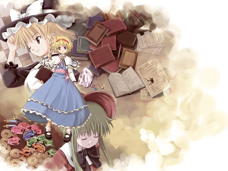 haniwa, haniwa (leaf garden), alice margatroid, kirisame marisa, maybell (thought of dolls), thought of dolls, touhou, 3girls, blonde hair, book, braid, closed eyes, cover image, female focus, full body, green hair, hair ribbon, hairband, hat, multiple girls, one eye closed, projected inset, ribbon, witch, witch hat