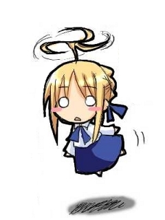 artoria pendragon (fate), saber (fate), fate/stay night, fate (series), lowres, 00s, 1girl, ahoge, blonde hair, blouse, blush stickers, chibi, chibi only, female focus, flying, helicopter hair, o o, qvga, shirt, short hair, simple background, solo, white background