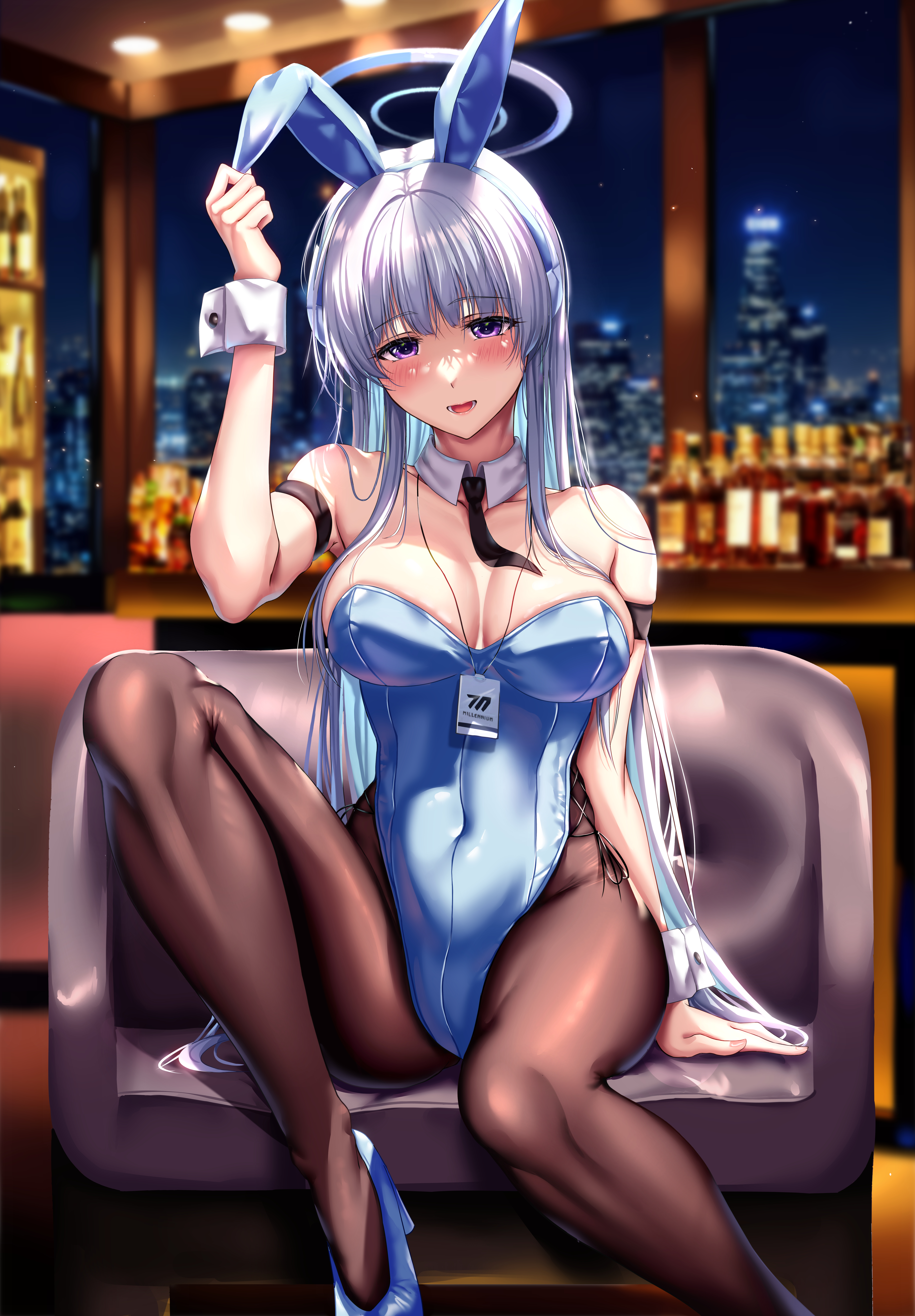 kimchi (user mpzz8457), noa (blue archive), blue archive, absurdres, highres, 1girl, alternate costume, animal ear hairband, animal ears, bare arms, bare shoulders, black pantyhose, blue hairband, blue leotard, blue shoes, breasts, fake animal ears, grey hair, hairband, halo, high heels, highleg, highleg leotard, id card, large breasts, leotard, long hair, open mouth, pantyhose, playboy bunny, purple eyes, rabbit ear hairband, rabbit ears, shoes, sidelocks, sitting, solo, strapless, strapless leotard, white halo, wrist cuffs