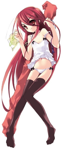 ito noizi, alastor (shakugan no shana), shana, shakugan no shana, 00s, 1girl, black thighhighs, bow, bow panties, bread, female focus, food, jewelry, lingerie, long hair, lowleg, lowleg panties, melon bread, midriff, navel, panties, pendant, red eyes, red hair, solo, thighhighs, underwear, very long hair, white panties