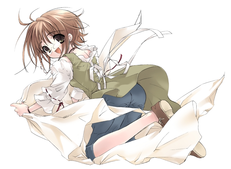 ito noizi, original, 1girl, :d, ass, blouse, bracelet, brown hair, capri pants, dress, female focus, glasses, green dress, green eyes, green skirt, happy, jewelry, looking at viewer, looking back, open mouth, pants, shirt, skirt, smile, solo
