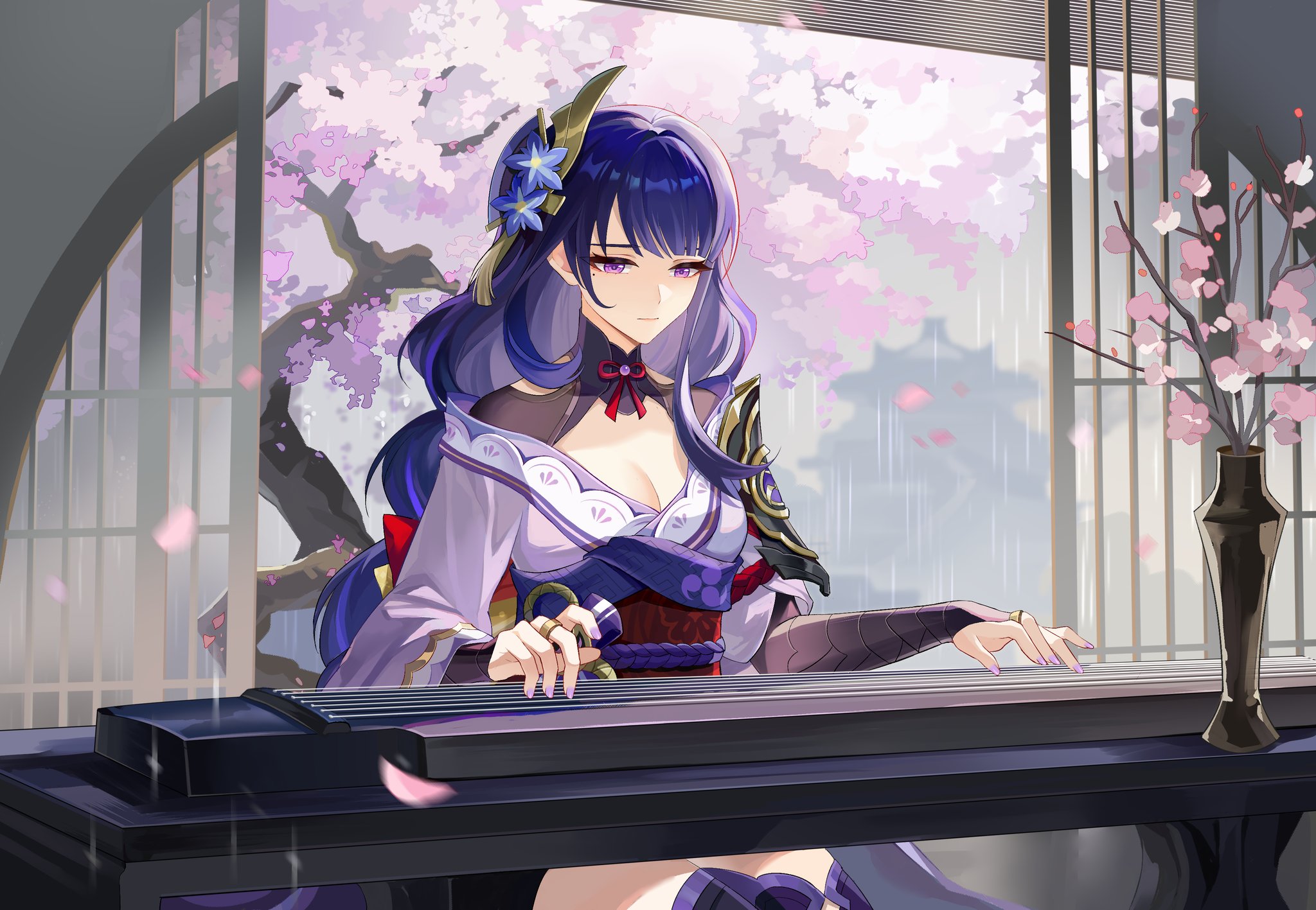 xuanjilingzhu, raiden shogun, genshin impact, chinese commentary, commission, duplicate, highres, second-party source, 1girl, architecture, armor, asymmetrical sleeves, back bow, black thighhighs, blunt bangs, blurry, blurry background, bow, braid, bridal gauntlets, cherry blossoms, closed mouth, clothing cutout, east asian architecture, eyeliner, falling petals, fan hair ornament, flower, flower ornament, grey sky, hair ornament, indoors, instrument, japanese clothes, kimono, long braid, long hair, looking at object, looking down, makeup, mole, mole under eye, multicolored hair, music, neck ribbon, off shoulder, petals, pink petals, playing instrument, playing piano, purple eyes, purple flower, purple kimono, purple nails, rain, red eyeliner, red ribbon, red sash, ribbon, sad, sash, shade, shoulder armor, shoulder cutout, single braid, sitting, sky, solo, streaked hair, thighhighs, thighs, tree, uneven sleeves, vase, watermark, wide sleeves